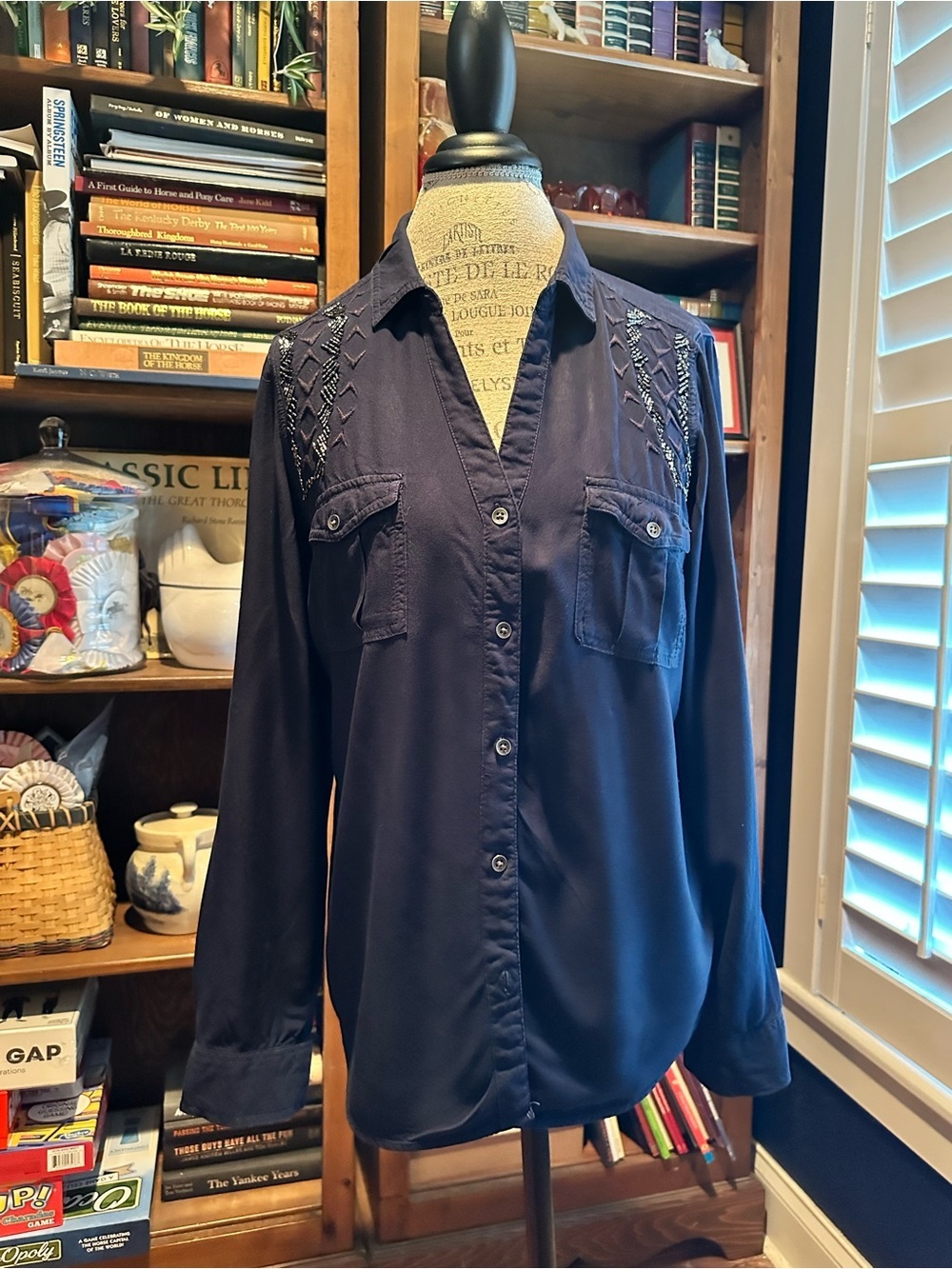 Rock & Republic Navy Button-Front Shirt with Embroidered Shoulders